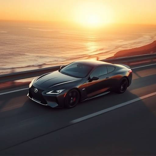 Aerial shot of a sleek car driving along the Pacific Coast Highway at sunset, showcasing a commercial for luxury automobiles.